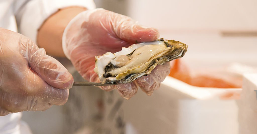 Image illustrating the process of using an oyster knife to shuck oysters in a home kitchen.