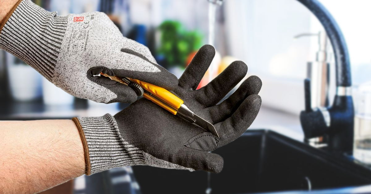 Image illustrating the use of cut-resistant gloves in diverse kitchen tasks.
