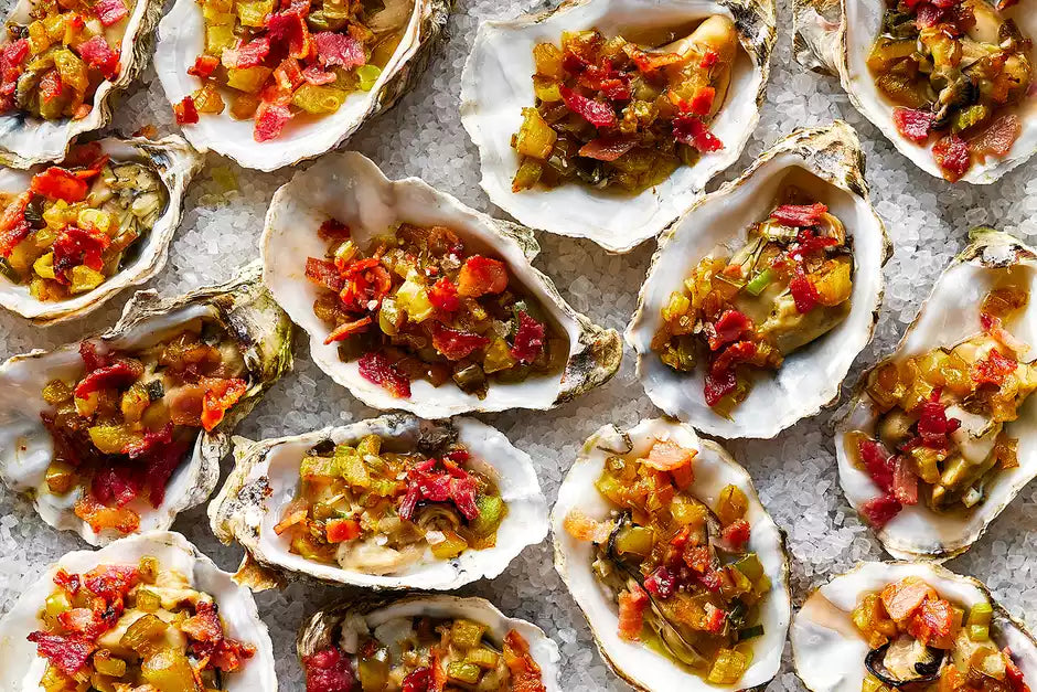 A creative spin on the classic clams casino dish, made with white stone oysters